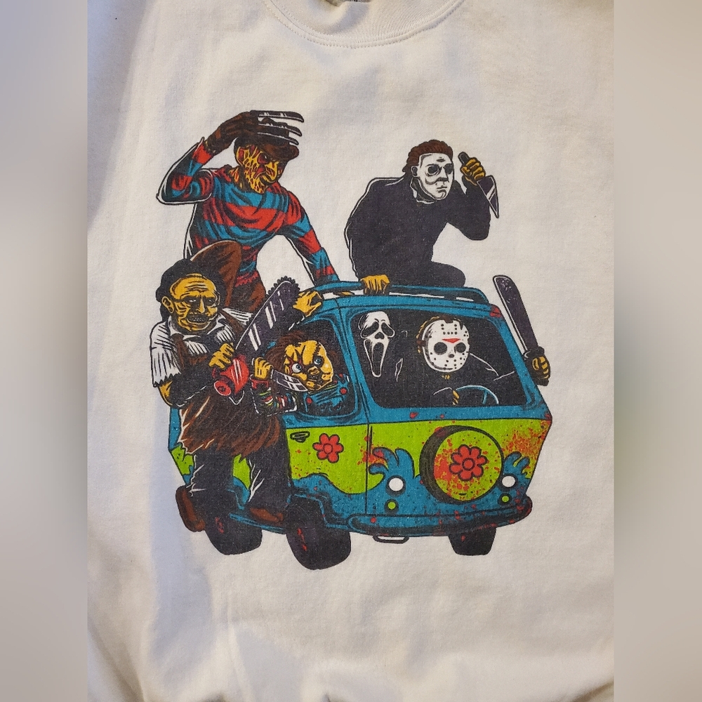 Horror Themed White Gildan Crewneck Sweatshirt- Men's Size L
